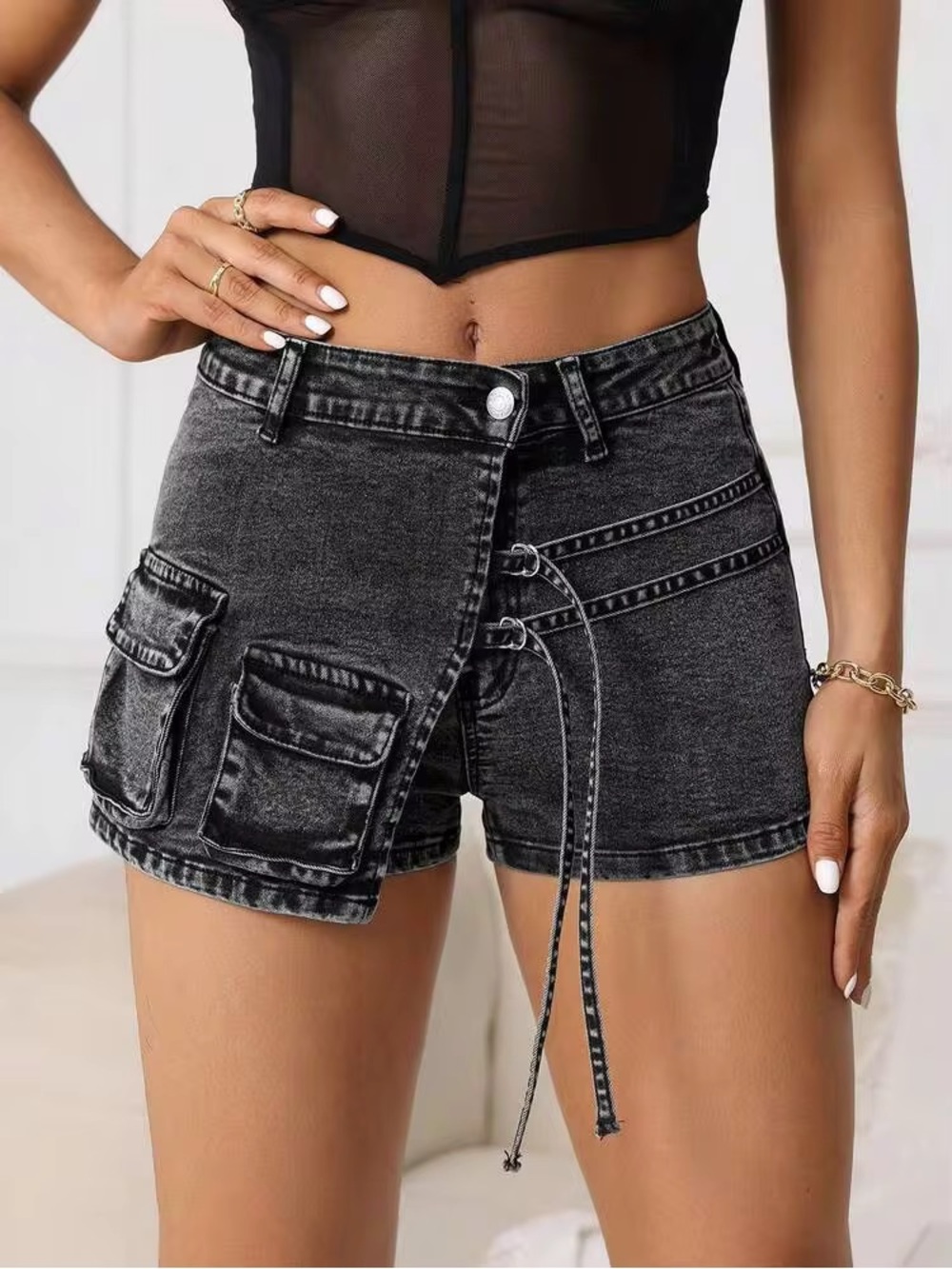 Washed Stretch Black Cargo Denim Shorts with Wrap Detail